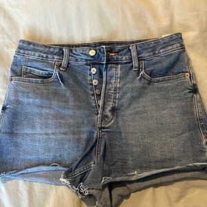 Dark blue high rise sky-hi a-line denim short (button up)